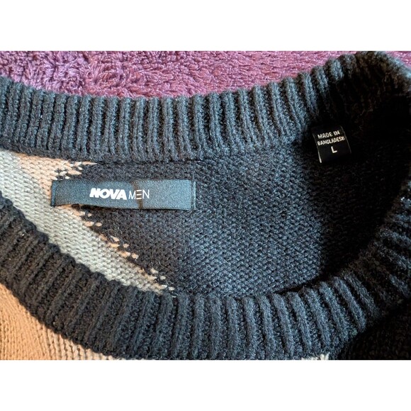 Men's Abstract Sweater Modern Split Two Tone Beige Black Size L Punk Hipster Alt - Picture 4 of 5